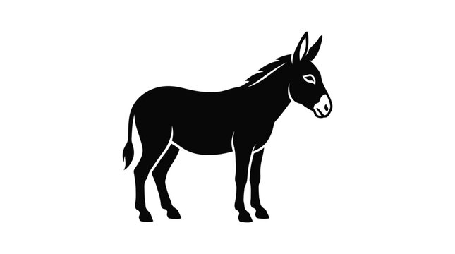 Black silhouette of domestic donkey standing in profile on isolated white background illustration