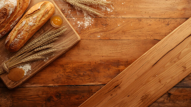 Artisanal Bakery Spread: A rustic arrangement of freshly baked bread, wheat stalks, and a cracked egg sits on a weathered wooden table, evoking a sense of homemade goodness and natural ingredients.
