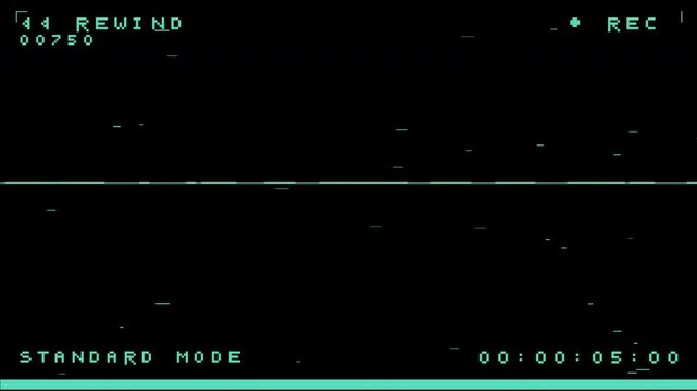 vhs glitch overlay rewind screen with retro analog tape interface and digital static distortion for video production