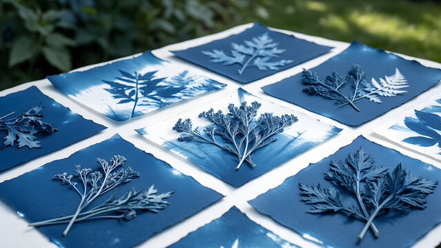 Garden clippings arranged in a geometric grid cyanotype