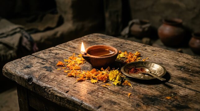 Traditional clay oil lamp glowing on a rustic wooden table with flower petals for a festive celebration