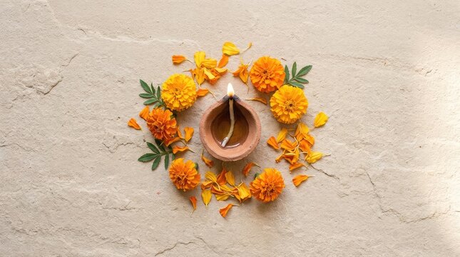 Top view of a traditional clay diya lamp decorated with bright orange marigold flowers for diwali festival celebration