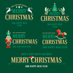 Fototapeta premium Christmas logo collection with lettering and traditional elements. Christmas and New Year nordic ornaments, toys. Vector vintage label set for winter holidays. Seasonal greeting design illustration