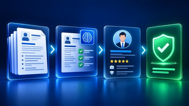 Digital workflow concept showing resume processing by artificial intelligence for candidate screening