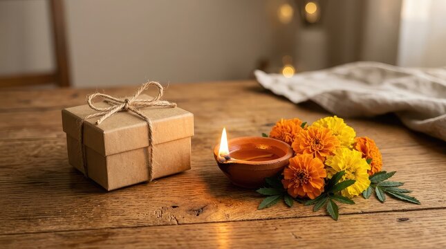 Traditional diwali celebration setting with a lit clay oil lamp gift box and marigold flowers on wooden table