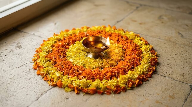 Beautiful circular rangoli pattern made of vibrant yellow and orange flower petals on a stone floor