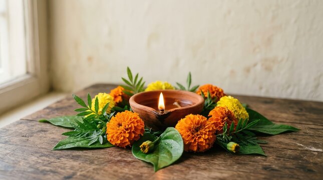 Traditional clay diya lamp decorated with marigold flowers and green leaves for diwali festival celebration at home
