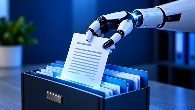 Robot hand selecting document paper from blue folder in digital filing cabinet for automated processing