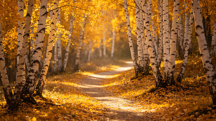 Fototapeta premium Autumn Birch Forest Path, Seasonal Lifestyle and Travel.