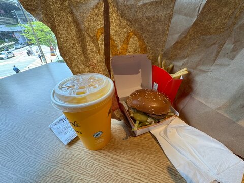 Kuala Lumpur, Malaysia - April 18, 2025: Fast food lunch at McDonald's in Bukit Bintang.