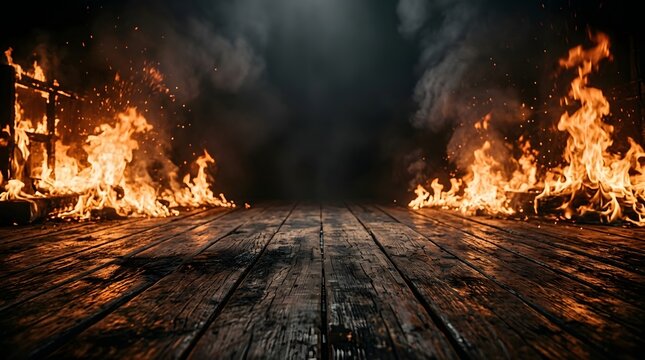 Dark wooden stage floor illuminated by bright orange flames on both sides