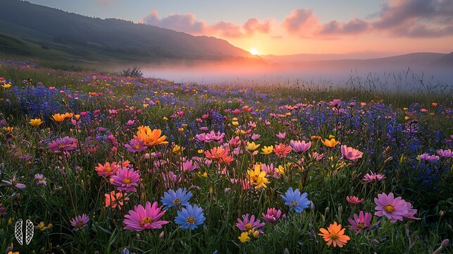 Serene wildflower field with morning mist and soft orange sunrise light over rolling hills in a peaceful valley