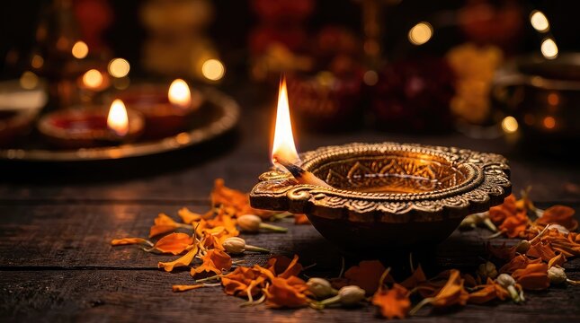 Traditional clay oil lamp glowing brightly on a rustic wooden surface during the indian diwali festival celebration