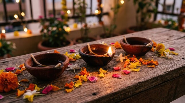 Traditional clay oil lamps glowing on a wooden table decorated with colorful flower petals for diwali festival