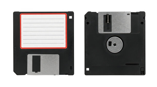 Front and back view of a black 35inch floppy disk isolated on transparent background