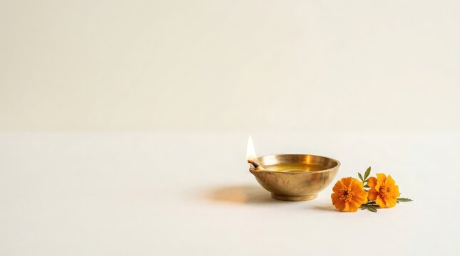 A traditional brass oil lamp diya lit for diwali festival celebration with orange marigold flowers on white background