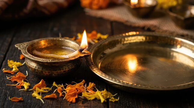 Traditional brass oil lamp diya lit for the hindu festival of diwali with scattered marigold flower petals