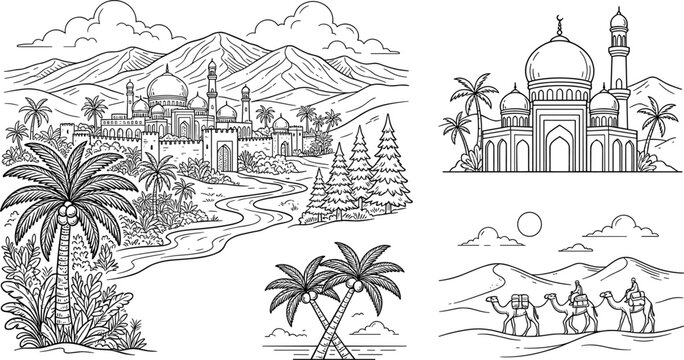 Middle East landmarks and desert oasis vector illustration set featuring ancient arabian palace, mosque building, camels caravan, palm trees, and mountain landscape.