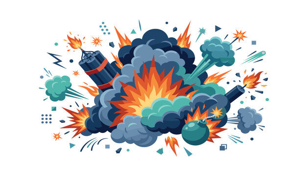 Comic explosion blast effect vector illustration. Collection of dynamite sticks, classic round bomb with burning fuse, smoke clouds, fire flashes and abstract action elements.