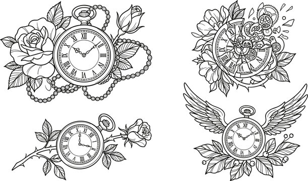 Pocket watch and rose flowers tattoo vector set featuring vintage timepieces with roman numerals, angel wings, gears, chains, and detailed line art.