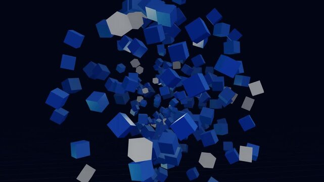 Blue and white cubes floating on dark background abstract digital art