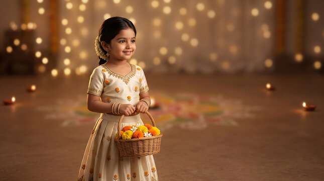 Little girl holding a flower basket in a festive indoor setting