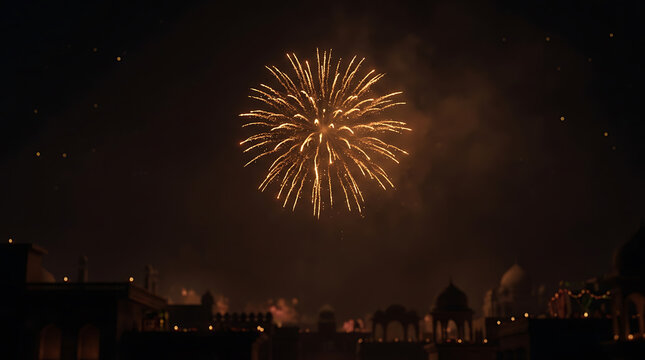 Golden firework explosion in the dark night sky over city rooftops
