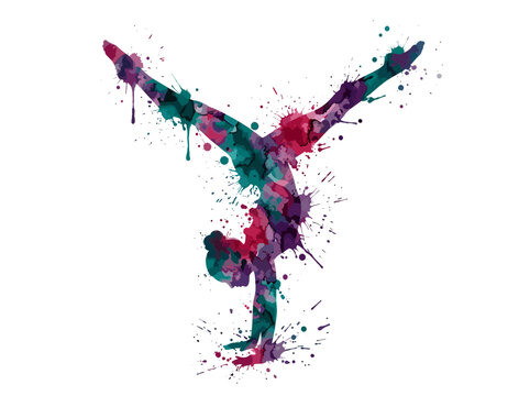 Watercolor Gymnastics Silhouette Woman Doing Handstand Split Colorful Splatter Fitness Sports Art Illustration for Commercial Poster Print