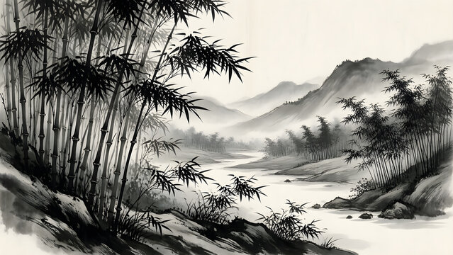 Sumi-e traditional Japanese ink wash painting Bamboo hillside overlooking a valley