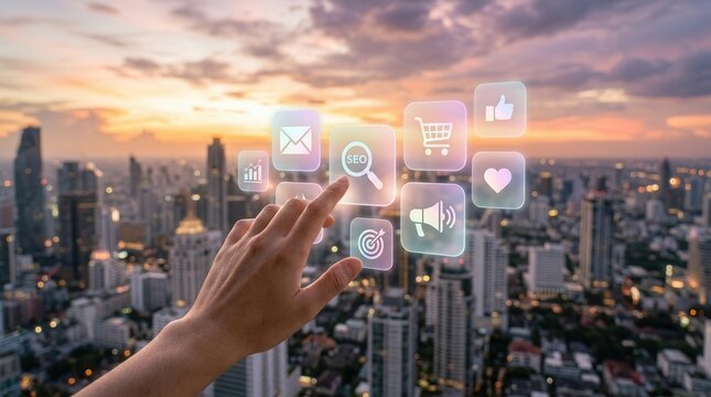 Digital marketing and social media icons integrated into urban life over a cityscape at dusk.