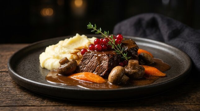 Gourmet slow cooked beef stew in rich brown gravy featuring red berries and herbs.