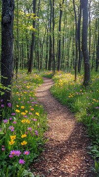 Scenic woodland trail winding through a colorful meadow of purple and yellow wildflowers under tall green trees