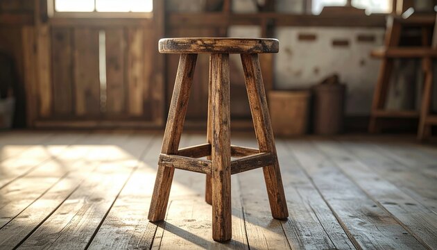 Rustic wooden three legged stool standing inside a cozy farmhouse workshop, 3D Illustration, natural wood grain.