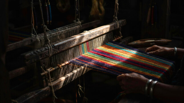 Close up of artisan hands with bangles adjusting thread warp on traditional wooden loom in sunlight