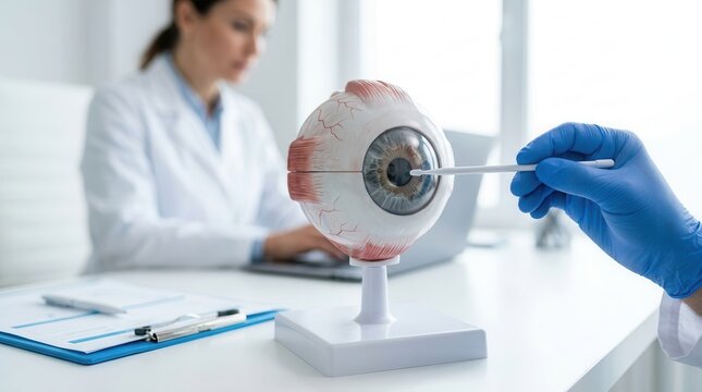 Ophthalmologist examining a detailed eye anatomy model for cataract and glaucoma education.