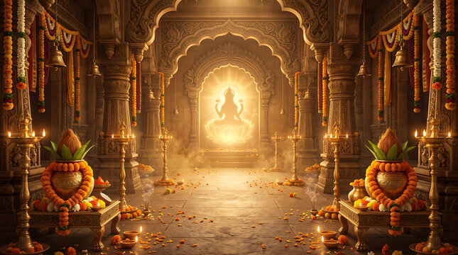 Glowing hindu temple interior decorated for traditional festival
