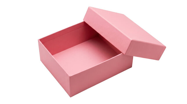 Open empty pink cardboard gift box with lid isolated on transparent background