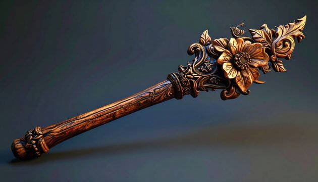 Carved wooden magic wand with floral details 3D Illustration on a mystical fantasy background