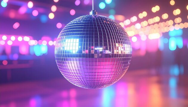 Silver disco ball reflecting colorful party lights 3D Illustration inside a modern dance club