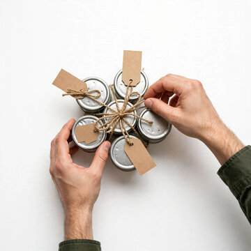 Eco-friendly packaging with metal jars and twine, hands arranging silver tins with kraft paper tags, minimalist gift set for small business