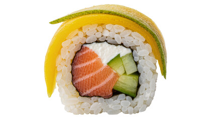 Fresh salmon and cucumber sushi roll with cream cheese and mango slice, isolated on transparent background © Veaceslav