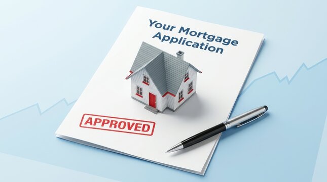 Mortgage application form with house model and approved stamp indicates successful residential property funding.