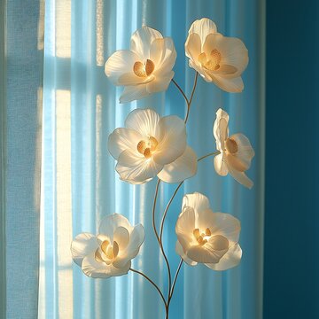 Close-up of elegant white orchid blossoms against a soft light blue curtain background with bright natural lighting