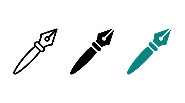 Dip Pen Icon Set with Calligraphy Fountain Pen Nib Symbols in Vector Format