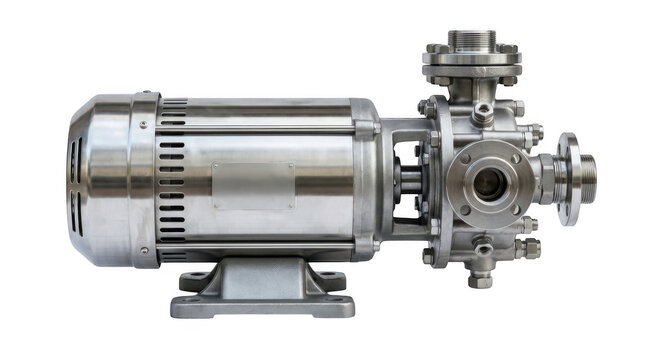 Industrial stainless steel centrifugal pump with electric motor isolated on transparent background