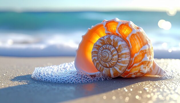 Intricate spiral seashell resting on a wet sandy beach, 3D Illustration, orange interior, realistic highlights and ocean background.