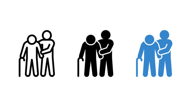 Elderly care and senior assistance support icon set in outline and glyph styles