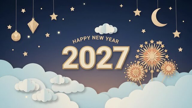 Happy New Year 2027 Background with Paper Cut Clouds and Copy Space for Banner or Party Invitation 4K Video Resolution
