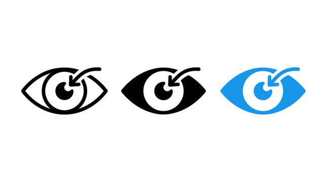 Set of three eye tracking and focus vision icons with pointing directional arrows