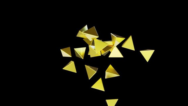3D Golden Crystal Assembling from Floating Pyramids on Black Background